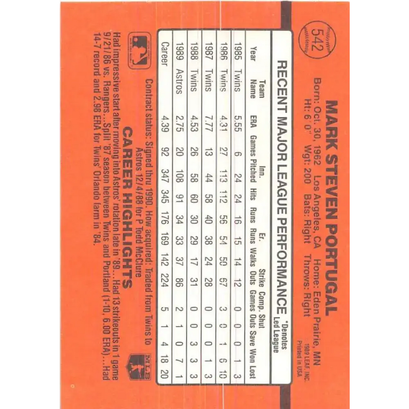 1990 Donruss #542 Mark Portugal VG-EX Houston Astros Baseball Card - Baseball Card Single