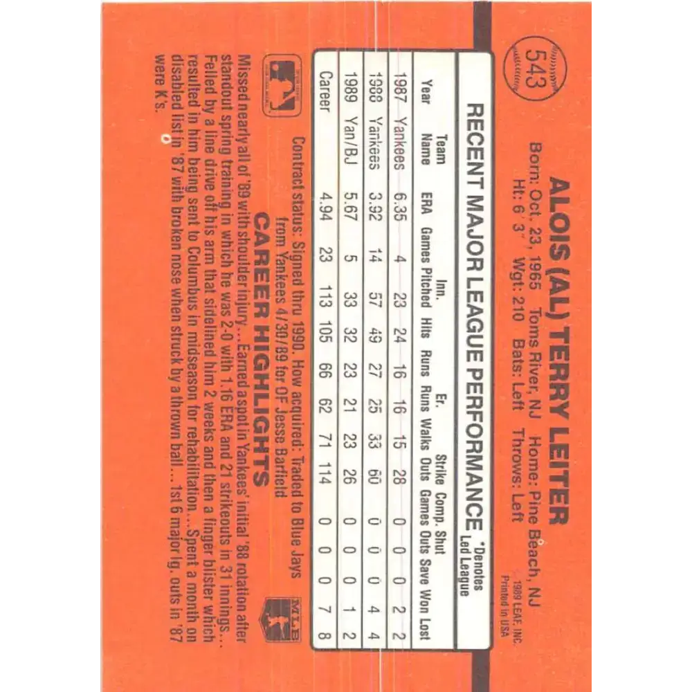 1990 Donruss #543 Al Leiter VG-EX Toronto Blue Jays Baseball Card - Baseball Card Single
