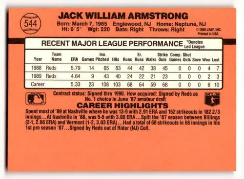 1990 Donruss #544 Jack Armstrong Cincinnati Reds Baseball Cards EX/N ID:54644 - Baseball Card Single