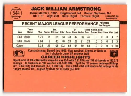 Baseball card back of 1990 Donruss Jack Armstrong Cincinnati Reds baseball card