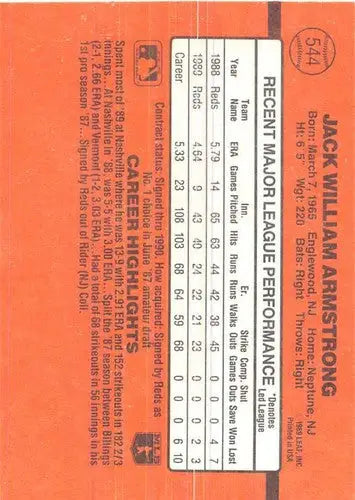 Back of 1990 Donruss #544 Jack Armstrong Reds baseball card showcasing original gloss