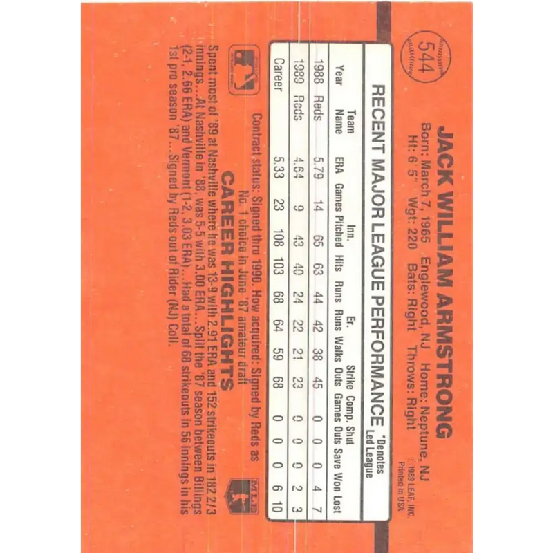 1990 Donruss #544 Jack Armstrong VG-EX Cincinnati Reds Baseball Card - Baseball Card Single