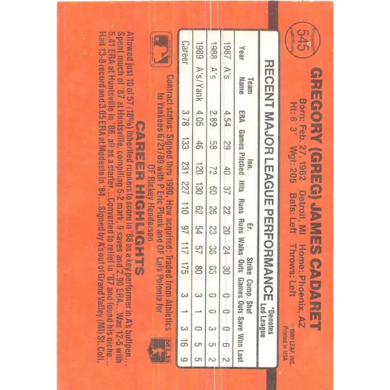1990 Donruss #545 Greg Cadaret VG-EX New York Yankees Baseball Card - Baseball Card Single