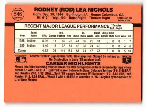 Back of 1990 Donruss Rod Nichols Cleveland Indians baseball card featuring player info