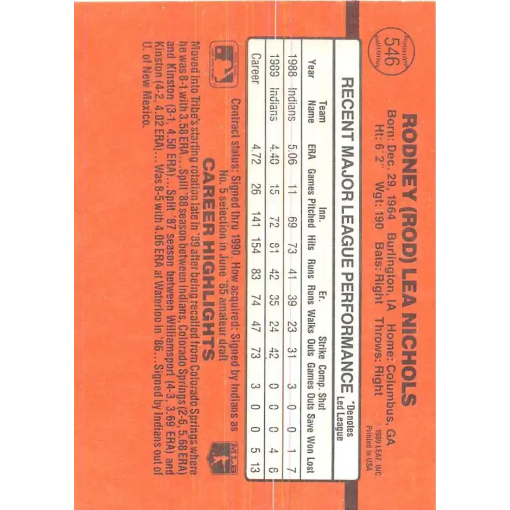 1990 Donruss #546 Rod Nichols VG-EX Cleveland Indians Baseball Card - Baseball Card Single