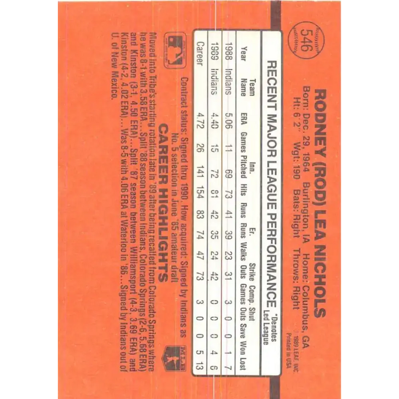 1990 Donruss #546 Rod Nichols VG-EX Cleveland Indians Baseball Card - Baseball Card Single