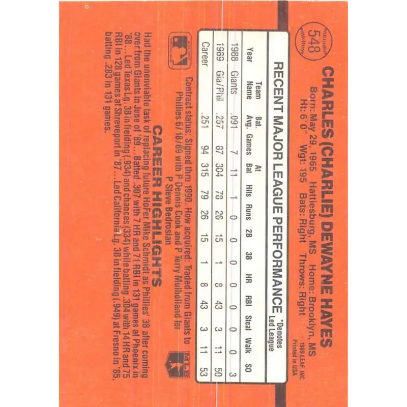 1990 Donruss #548 Charlie Hayes VG-EX Philadelphia Phillies Baseball Card - Baseball Card Single