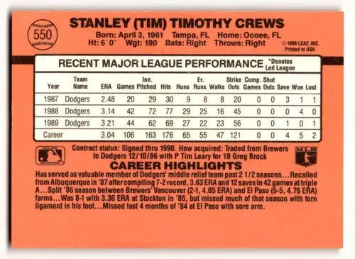 1990 Donruss #550 Tim Crews Los Angeles Dodgers Baseball Cards EX/NM ID:54697 - Baseball Card Single
