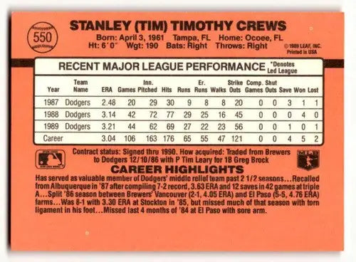 1990 Donruss #550 Tim Crews Los Angeles Dodgers Baseball Cards EX/NM ID:54692 - Baseball Card Single
