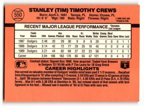 1990 Donruss #550 Tim Crews Los Angeles Dodgers Baseball Cards EX/NM ID:54638 - Baseball Card Single