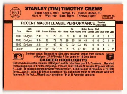 Baseball card back with original gloss from 1990 Donruss Tim Crews Los Angeles Dodgers