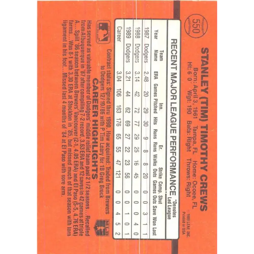 1990 Donruss #550 Tim Crews VG-EX Los Angeles Dodgers Baseball Card - Baseball Card Single