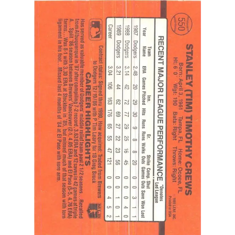 1990 Donruss #550 Tim Crews VG-EX Los Angeles Dodgers Baseball Card - Baseball Card Single