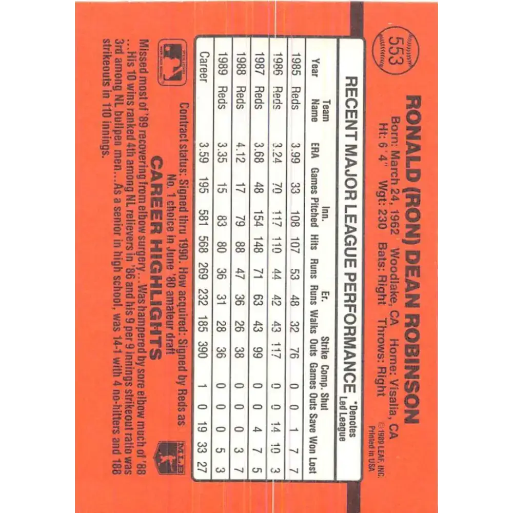1990 Donruss #553 Ron Robinson VG-EX Cincinnati Reds Baseball Card - Baseball Card Single