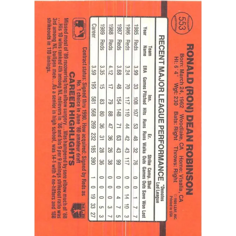 1990 Donruss #553 Ron Robinson VG-EX Cincinnati Reds Baseball Card - Baseball Card Single