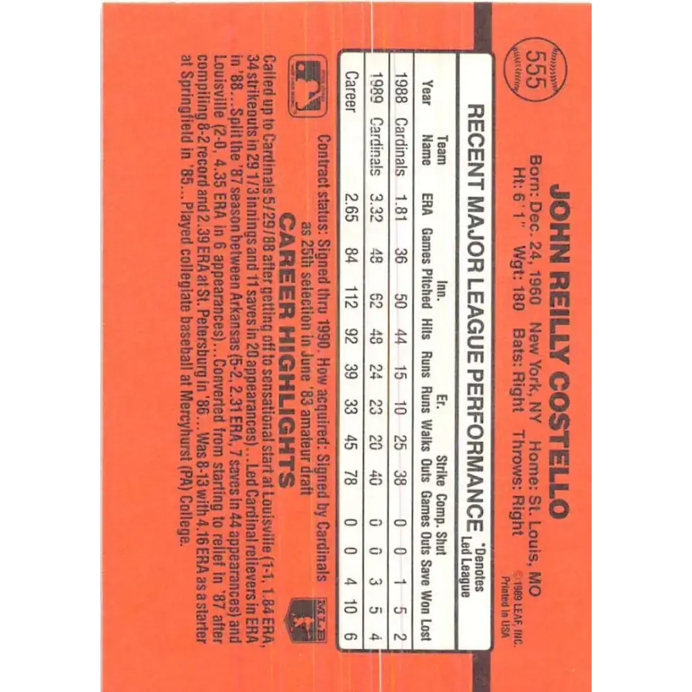 1990 Donruss #555 John Costello VG-EX St. Louis Cardinals Baseball Card - Baseball Card Single