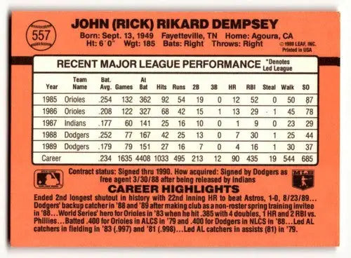 Original gloss Rick Dempsey Los Angeles Dodgers baseball card from 1990 Donruss