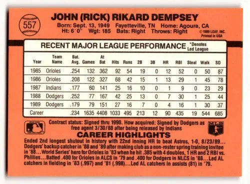 Rick Dempsey Los Angeles Dodgers baseball card from 1990 Donruss #557