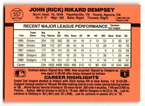 Original gloss Rick Dempsey Los Angeles Dodgers baseball card 1990 Donruss #557