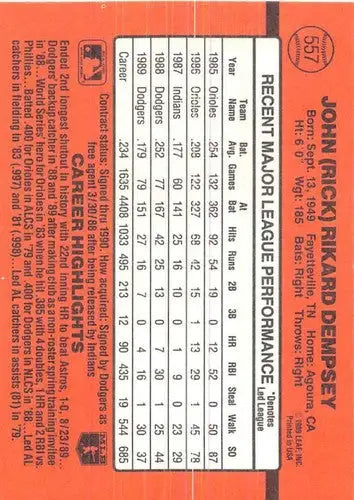 Baseball card back showing original gloss from 1990 Donruss Rick Dempsey Dodgers