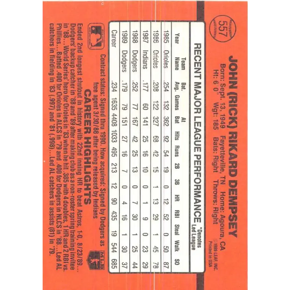 1990 Donruss #557 Rick Dempsey VG-EX Los Angeles Dodgers Baseball Card - Baseball Card Single