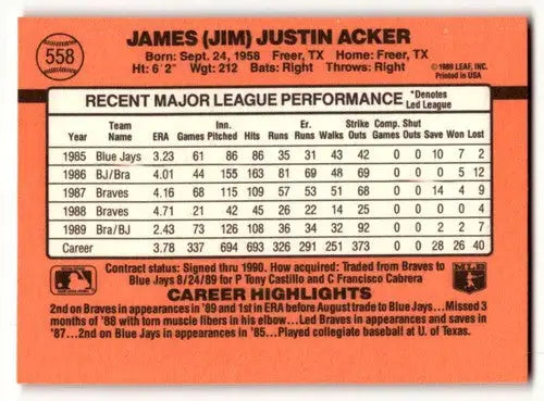 Original gloss Jim Acker Toronto baseball card from 1990 Donruss #558 Acker Toronto Blue