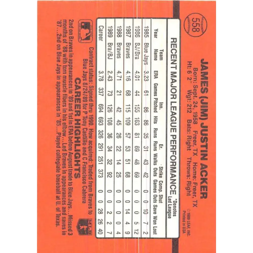 1990 Donruss #558 Jim Acker VG-EX Toronto Blue Jays Baseball Card - Baseball Card Single