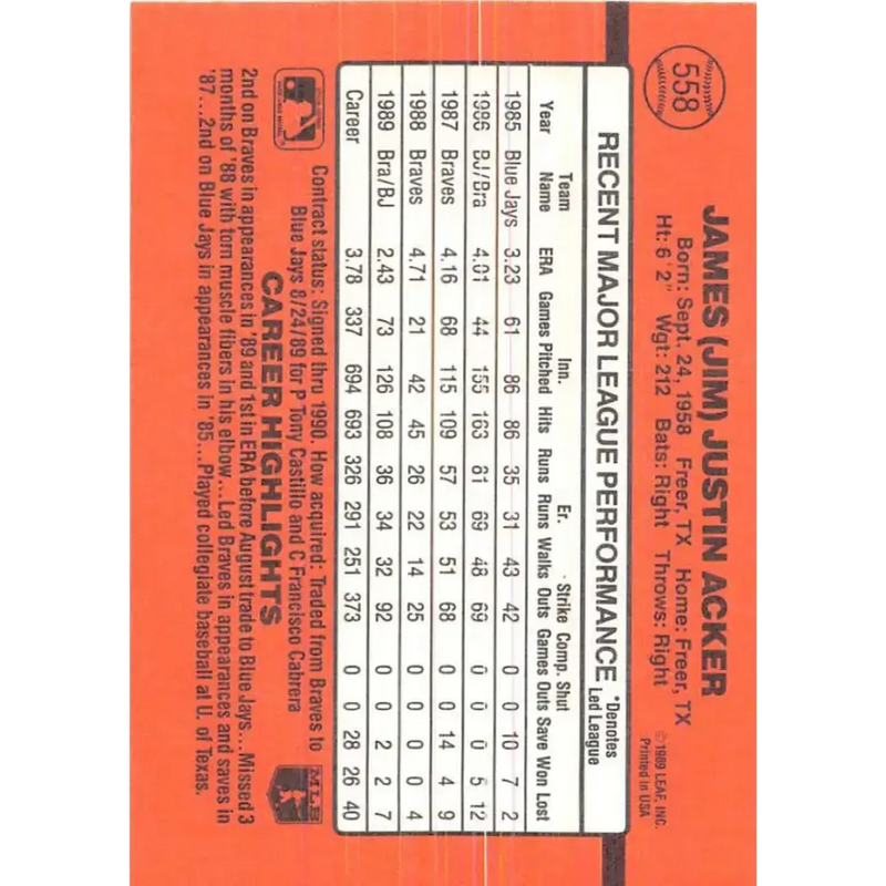 1990 Donruss #558 Jim Acker VG-EX Toronto Blue Jays Baseball Card - Baseball Card Single