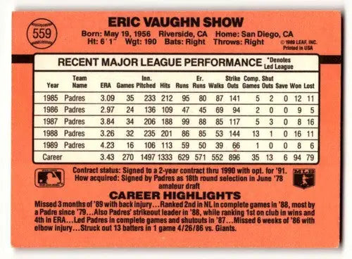 1990 Donruss #559 Eric Show San Diego Padres Baseball Cards EX/NM ID:56200 - Baseball Card Single