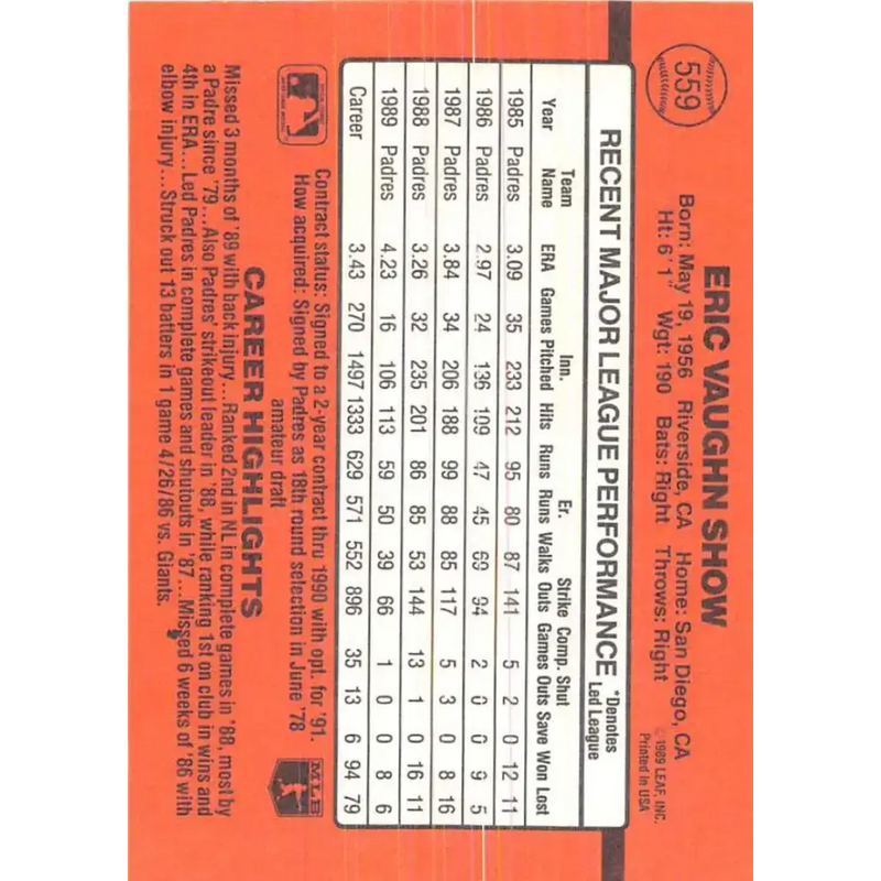 1990 Donruss #559 Eric Show VG-EX San Diego Padres Baseball Card - Baseball Card Single
