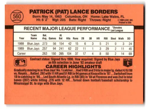 Vintage 1990 Donruss Pat Borders Blue Jays baseball card with player stats and highlights
