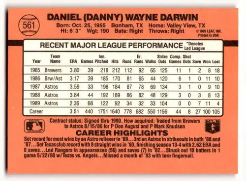 1990 Donruss #561 Danny Darwin Houston Astros Baseball Cards EX/NM ID:54630 - Baseball Card Single