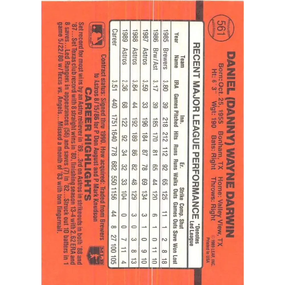1990 Donruss #561 Danny Darwin VG-EX Houston Astros Baseball Card - Baseball Card Single