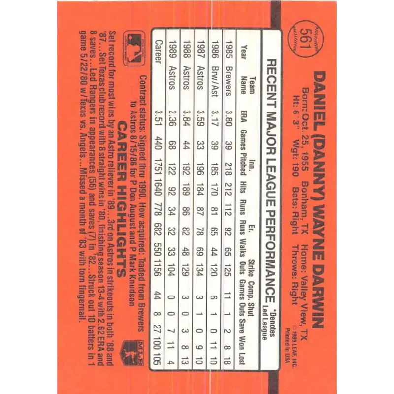1990 Donruss #561 Danny Darwin VG-EX Houston Astros Baseball Card - Baseball Card Single