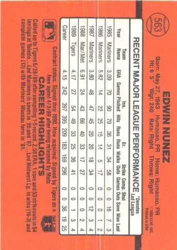 Baseball card back of 1990 Donruss #563 Edwin Nunez NM with original gloss
