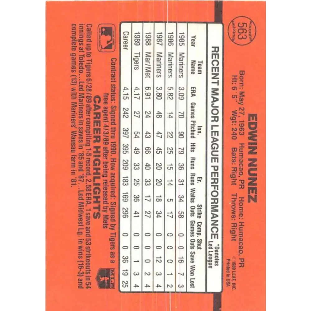 1990 Donruss #563 Edwin Nunez VG-EX Detroit Tigers Baseball Card - Baseball Card Single