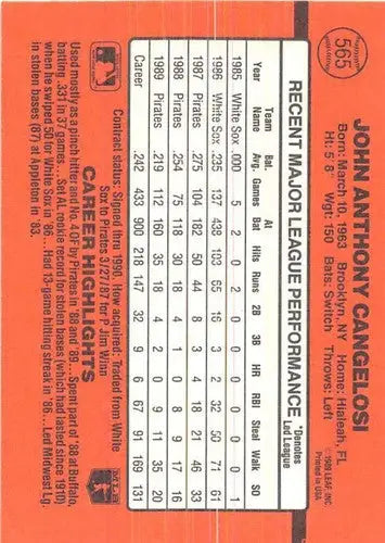 Baseball card back from 1990 Donruss John Cangelosi Pirates with original gloss sports cards