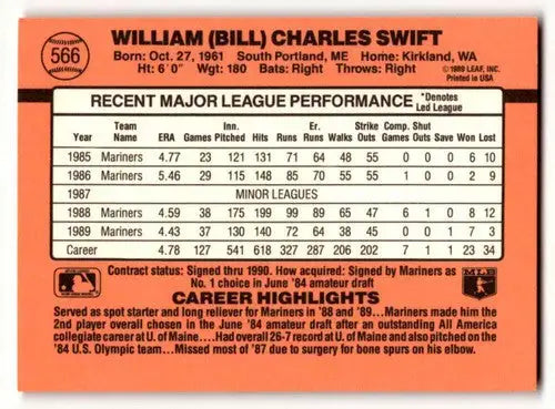 1990 Donruss #566 Bill Swift Seattle Mariners Baseball Cards EX/NM ID:57585 - Baseball Card Single