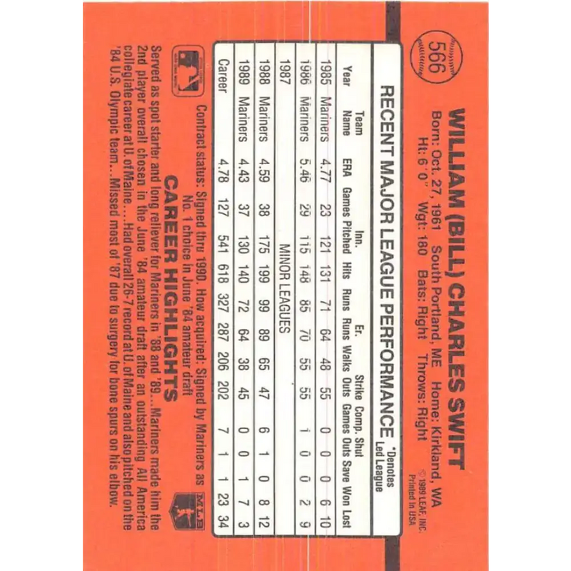1990 Donruss #566 Bill Swift VG-EX Seattle Mariners Baseball Card - Baseball Card Single