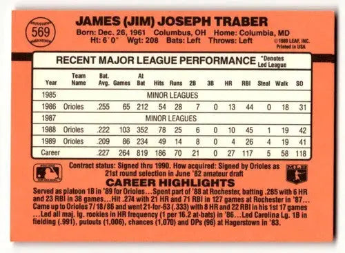 James Traber baseball card from 1990 Donruss featuring Jim Traber Baltimore Orioles player