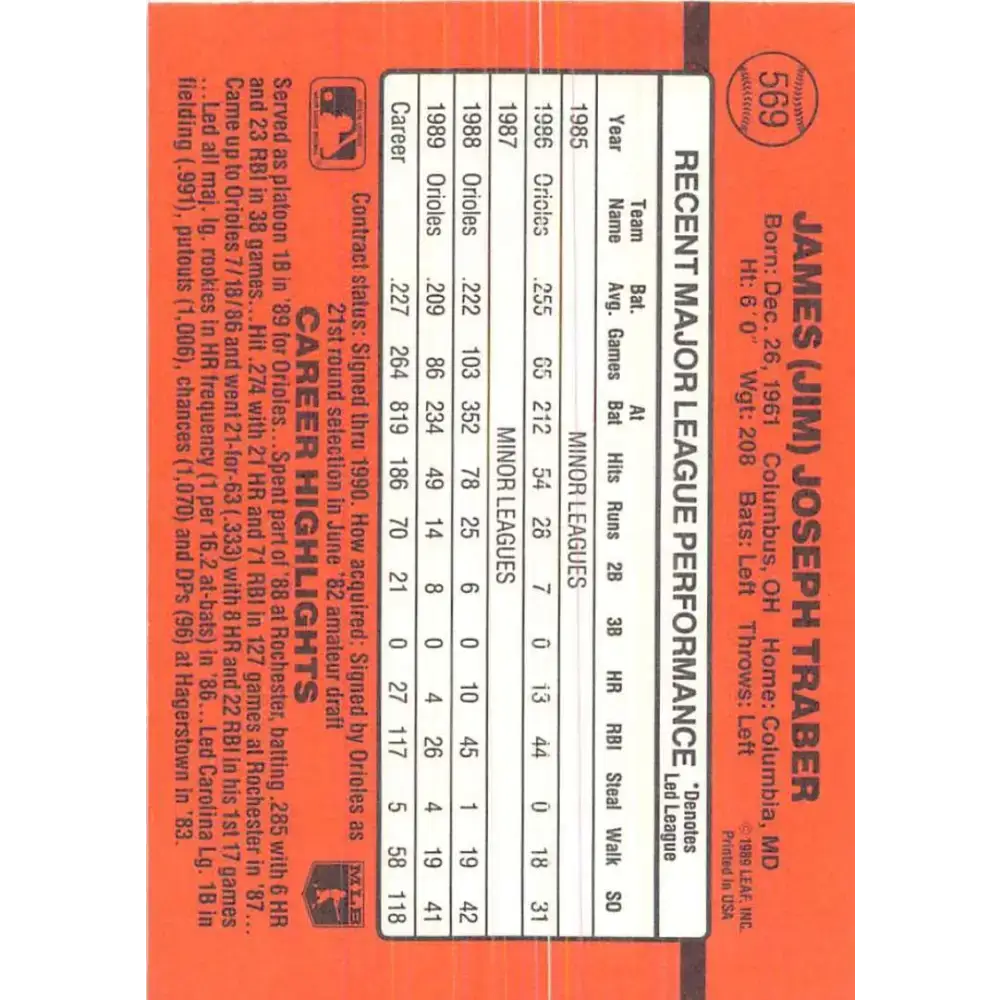 1990 Donruss #569 Jim Traber VG-EX Baltimore Orioles Baseball Card - Baseball Card Single