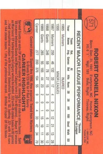 Baseball card back from 1990 Donruss #571 Donell Nixon with original gloss sports cards