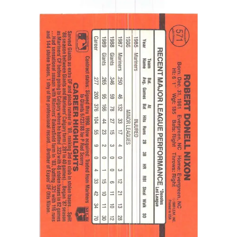 1990 Donruss #571 Donell Nixon VG-EX San Francisco Giants Baseball Card - Baseball Card Single