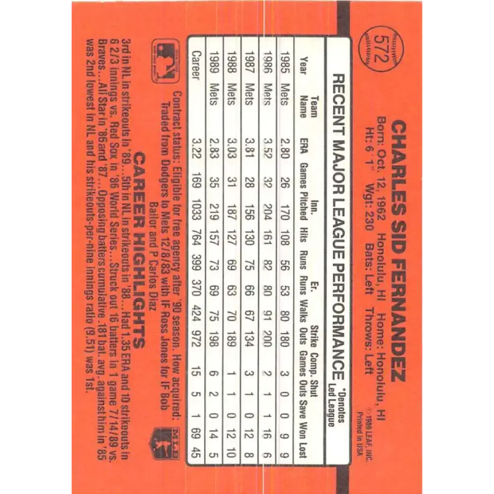 1990 Donruss #572 Sid Fernandez VG-EX New York Mets Baseball Card - Baseball Card Single