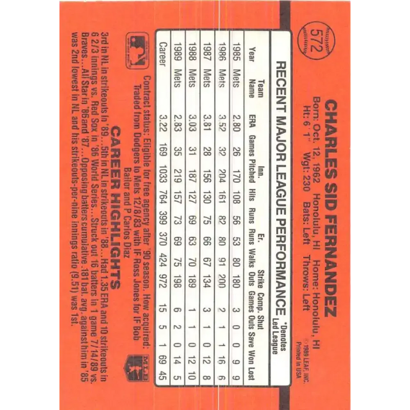 1990 Donruss #572 Sid Fernandez VG-EX New York Mets Baseball Card - Baseball Card Single