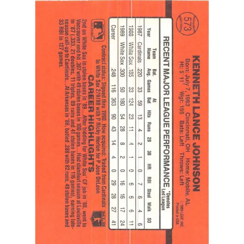 1990 Donruss #573 Lance Johnson VG-EX Chicago White Sox Baseball Card - Baseball Card Single