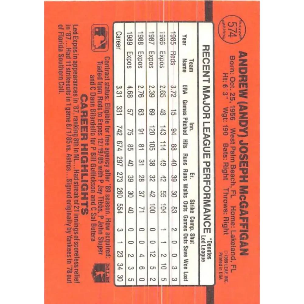 1990 Donruss #574 Andy McGaffigan VG-EX Montreal Expos Baseball Card - Baseball Card Single