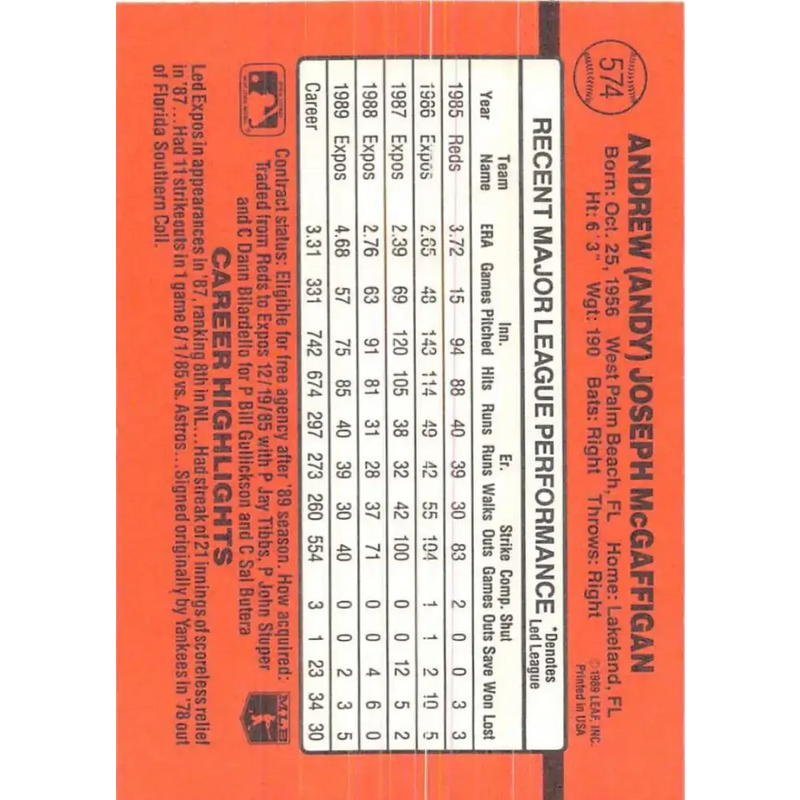 1990 Donruss #574 Andy McGaffigan VG-EX Montreal Expos Baseball Card - Baseball Card Single