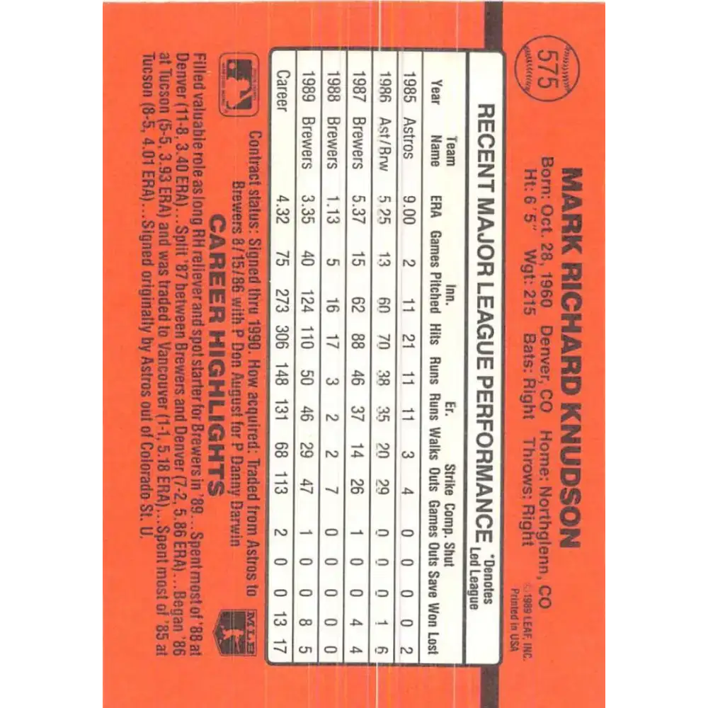 1990 Donruss #575 Mark Knudson VG-EX Milwaukee Brewers Baseball Card - Baseball Card Single