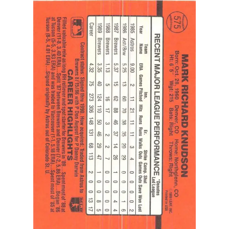1990 Donruss #575 Mark Knudson VG-EX Milwaukee Brewers Baseball Card - Baseball Card Single